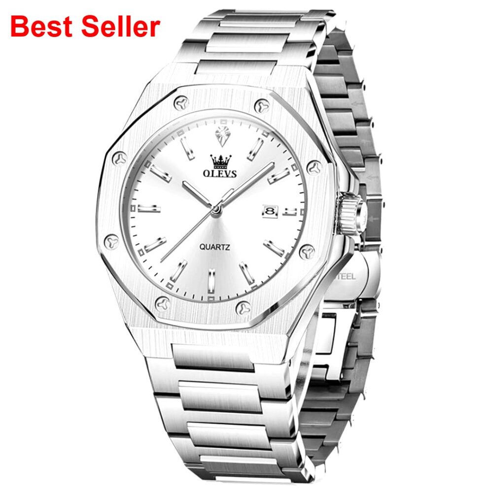 Stainless Steel Dress Watch With Luminous Octagonal Face